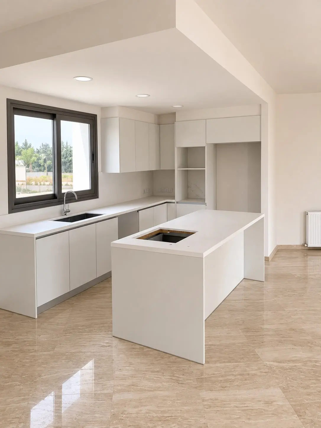 Kitchen under construction with an island and white cabinetry in a new-build villa